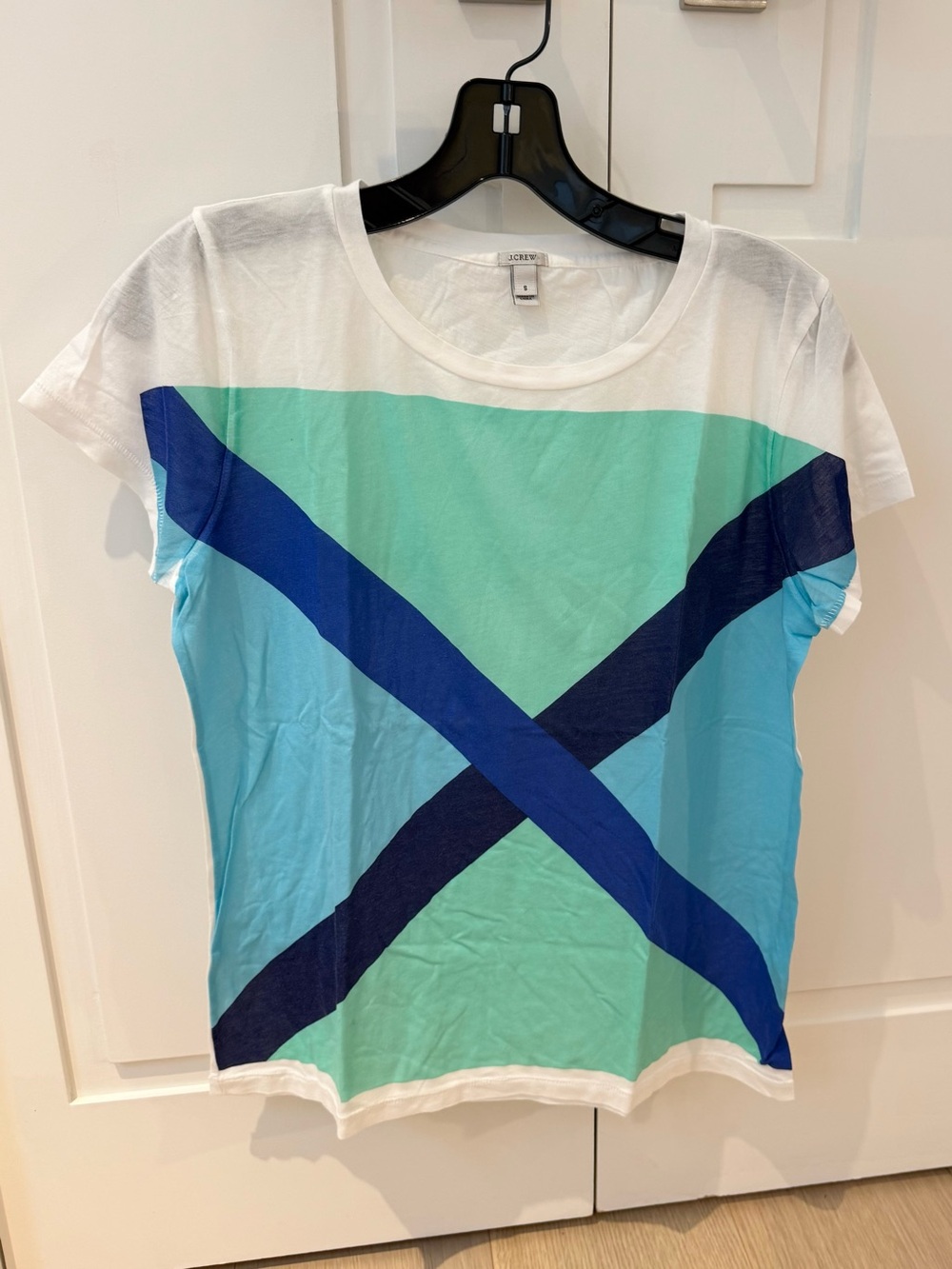 J. Crew White Tee with Aqua, Teal & Navy Cross-Block